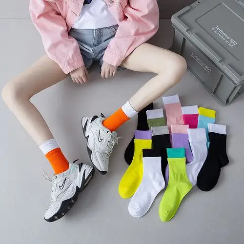 两层袜子女ins潮韩国个性长袜夏季薄款假两双夏天纯棉运动中筒袜