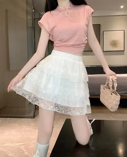 实拍实价 新款短裙超仙蓬蓬裙高腰显瘦蕾丝花边蛋糕a字裙 - 17网