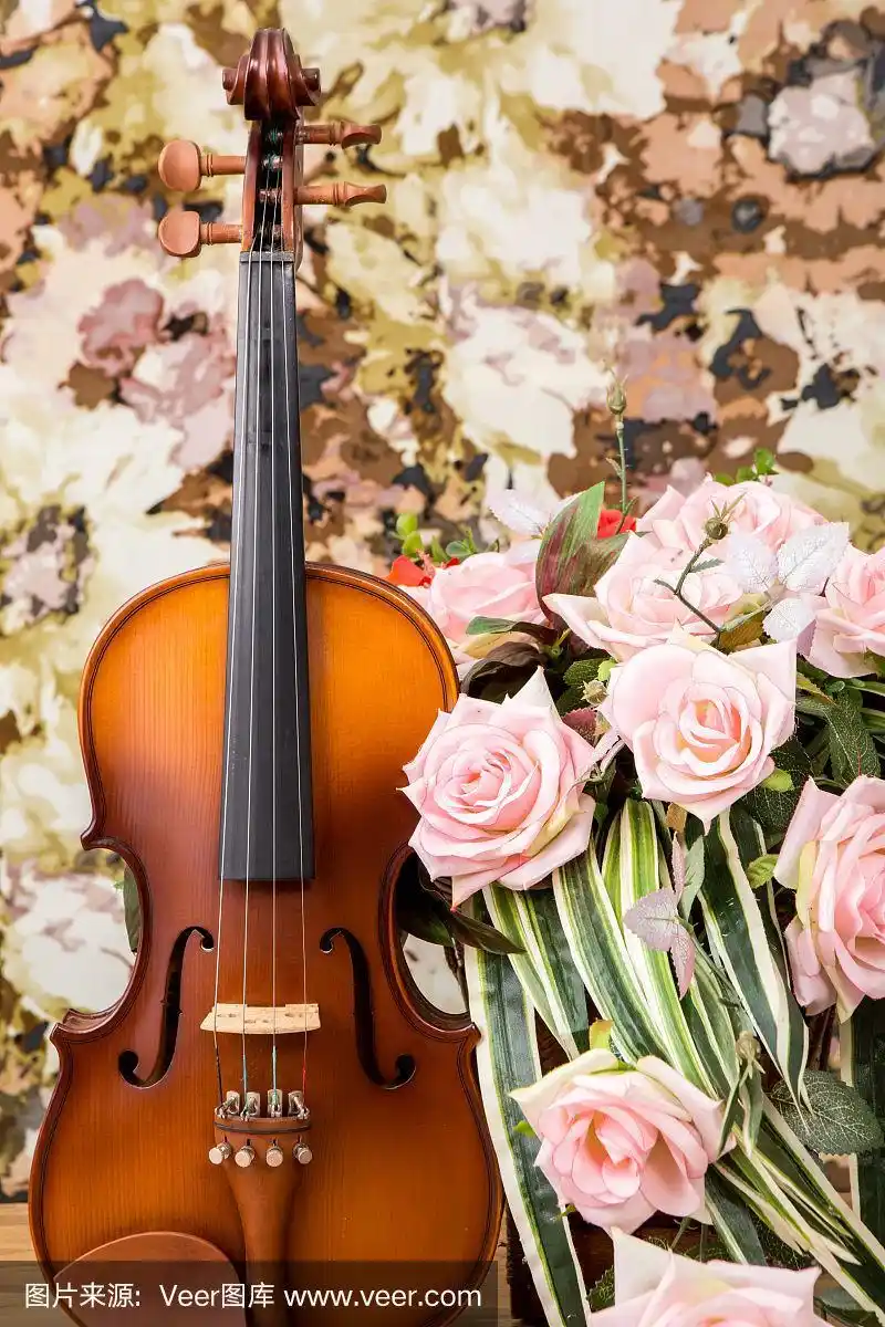 复古风格的小提琴和玫瑰