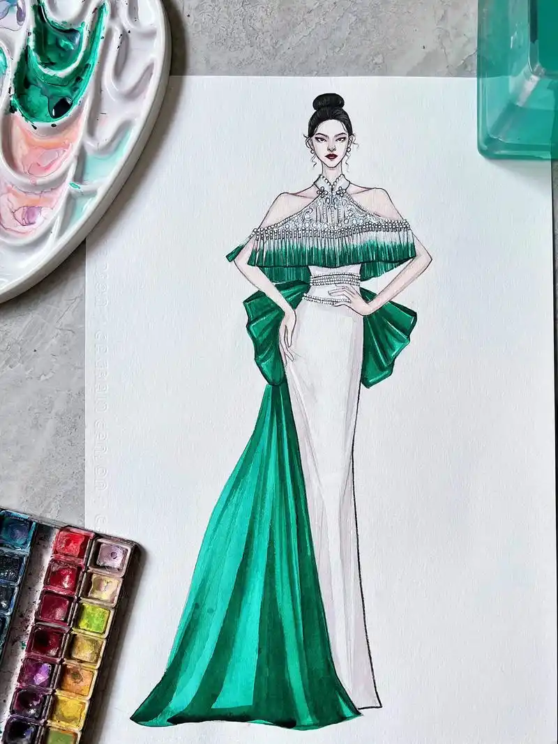 服装效果图——水彩时装画礼服.#服装设计 #手绘 #时装画  - 抖音