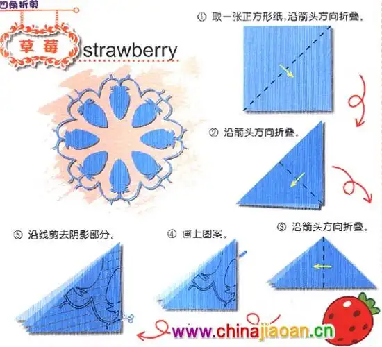 剪纸图案:好吃的草莓(四角折剪)