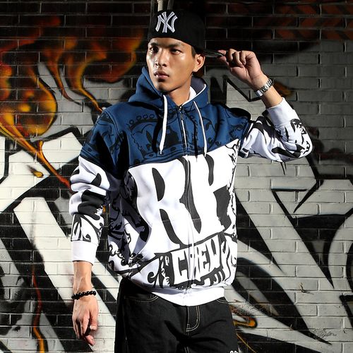 扎马斯2018春秋新款男士嘻哈hiphop印花大码开衫连帽卫衣上衣外套