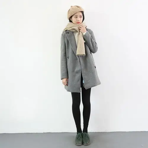 金大班 阿尔巴卡纯色简约混搭长袖女士呢大衣外套 口袋西装领