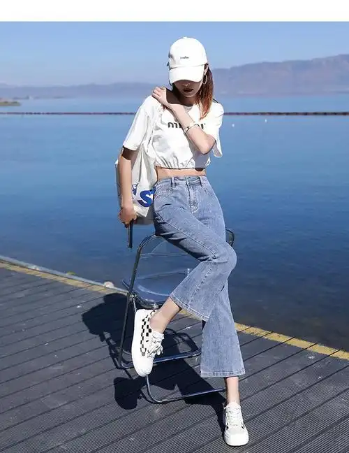 裤九分裤女学生休闲韩版宽松喇叭裤百搭显瘦夏天女生裤子蓝色九分s