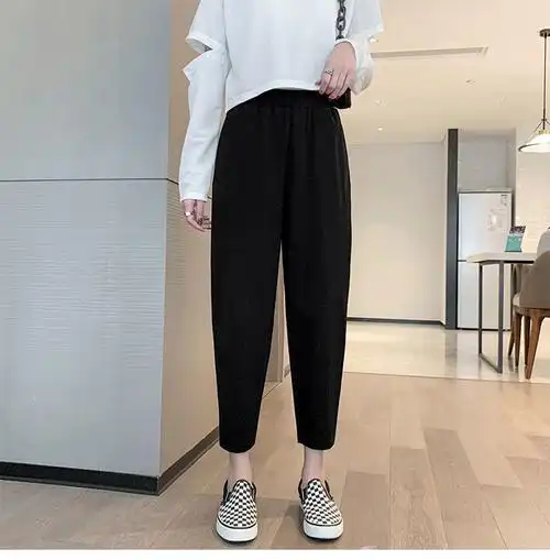 哈伦裤女春夏大码女裤胖mm松紧腰显瘦黑色萝卜裤女九分西装休闲裤