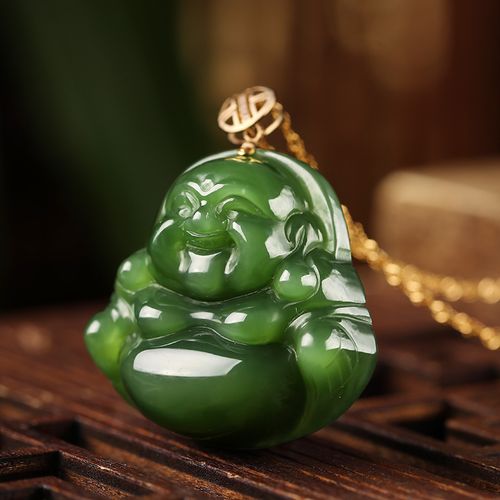 达禾梦「笑佛纳福」和田玉吊坠女玉佛18k金镶玉坠菠菜绿碧玉佛公 绿