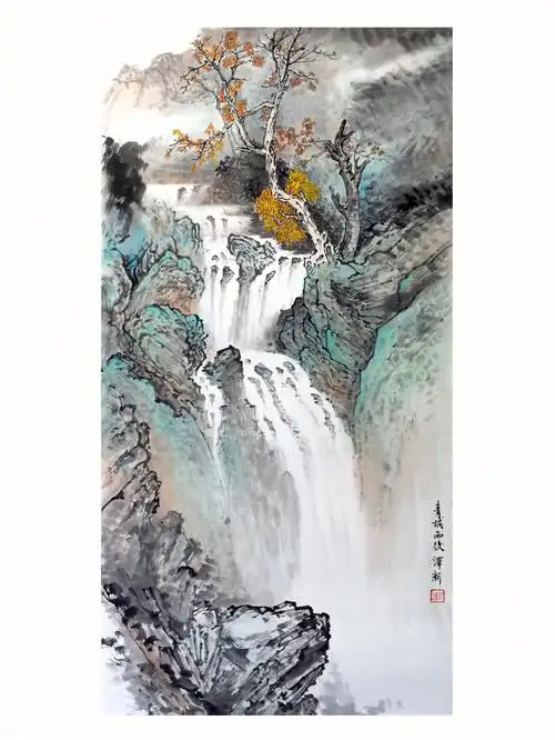 纯手绘中国传统水墨山水画青绿山水