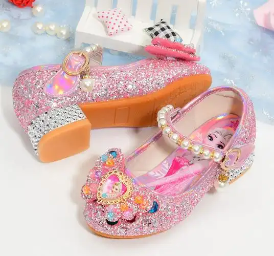 小朋友穿的高跟鞋女童高跟单鞋儿童冰雪奇缘公主鞋小女孩艾莎水晶皮鞋