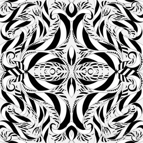 条纹黑白矢量花卉无缝图案.单色观赏抽象背景.重复装饰手绘装饰.