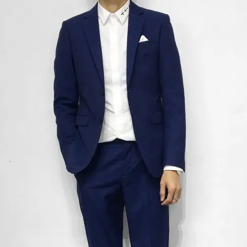 藏蓝西服扣韩版两粒外套男装西装修身混纺羊毛西服