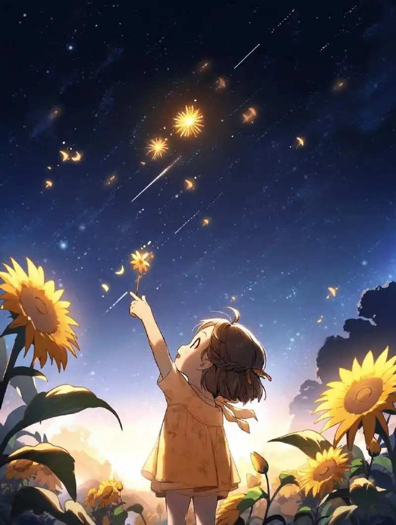 星空下太阳花女孩治愈背景图/壁纸  76好温暖9720422099