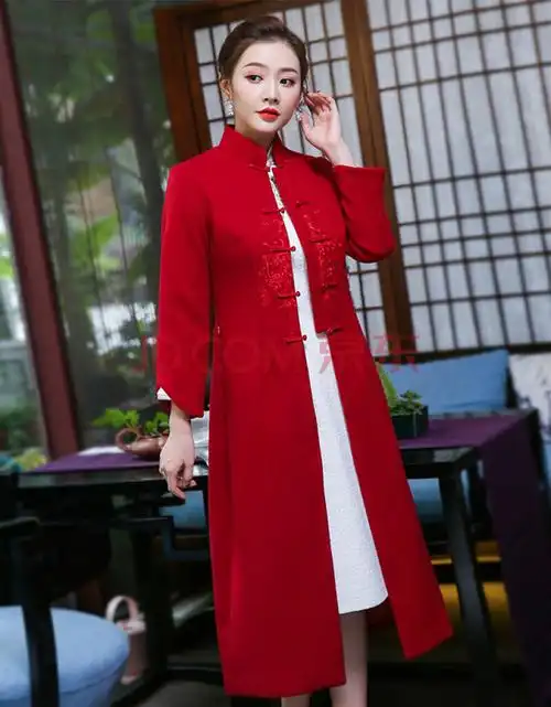 秀观唐鸿吉冬装2019喜庆妈妈装唐装女士外套风衣旗袍搭配毛呢大衣