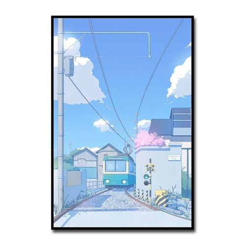 蓝色日系小清新动漫风景街道图diy数字油画手绘油画背景墙装饰画