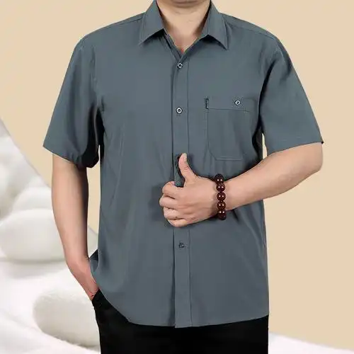 夏装新款中老年亚麻衬衫男士父亲短袖上衣中年男宽松大码薄款衬衣