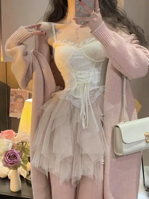 纯欲风连衣裙白色蕾丝纱裙甜美气质初恋系仙女吊带蓬蓬裙子女夏