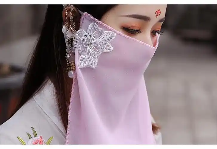 汉服面纱汉服配饰新款古装电视剧白面纱仙女侠女公主遮面纱古风粉红色