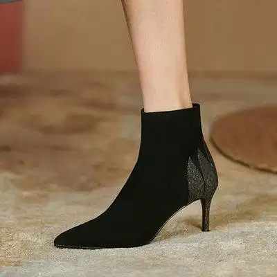 雨丝家尖头短靴女春秋单靴新款细跟高跟女靴磨砂皮黑色及裸靴秋冬