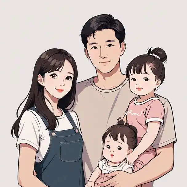 亲子头像|四口之家两个女儿手绘创意头像