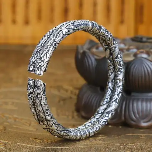 老九门银手镯999足银陈伟霆赵丽颖同款二响环复古男士龙头银手镯