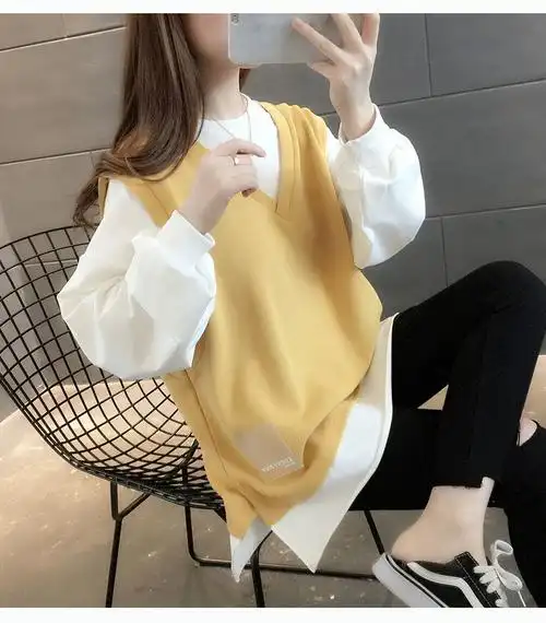 假两件卫衣女装拼接初秋薄款新款2021长袖韩版宽松开叉套头棉上衣