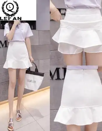 裙子女夏2018新款牛仔裙鱼尾裙短裙荷叶边半身裙高腰a字包臀裙裤 白色