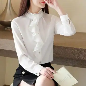 秋装优雅通勤立领花边长袖白衬衫女上班族气质雪纺上衣百搭打底衫sn74