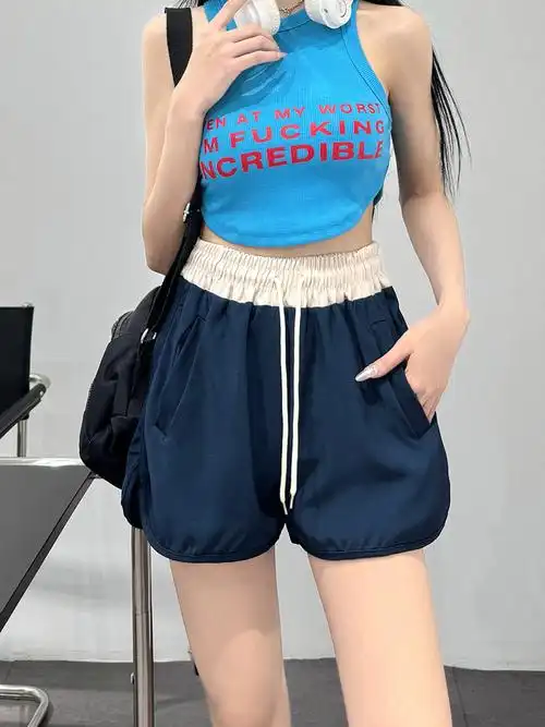 【实拍 高质量斜纹】 宽松女短裤夏新款阔腿裤拼色热裤休闲裤 - 17网