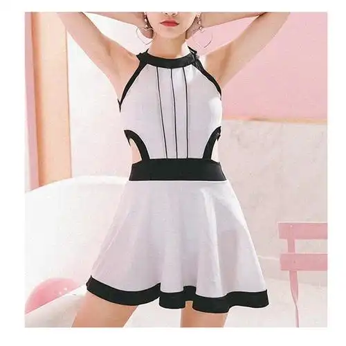 迷惘-mis淑惠女泳衣显瘦三角连体裙式黑白经典女游泳衣_不打折现价96.