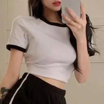 夏季短款撞色t恤露脐短袖上衣搭配休闲短裤两件套潮情趣内衣单上衣m