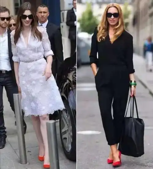 高跟鞋这身穿搭上装廓型设计很不错的白色衬衫,硬挺有筋骨,搭配了红色