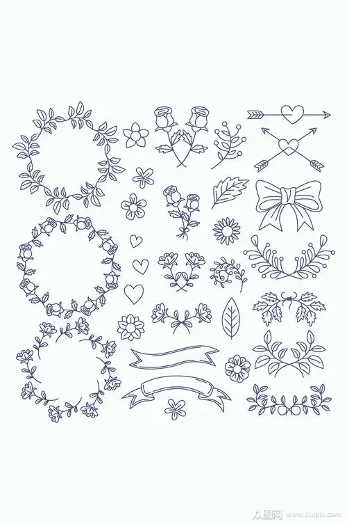 可爱手绘线描花卉花边元素