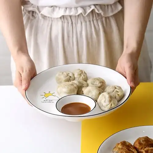 日式家用饺子盘带醋碟一体圆形陶瓷餐具创意水饺凉菜调料格盘子
