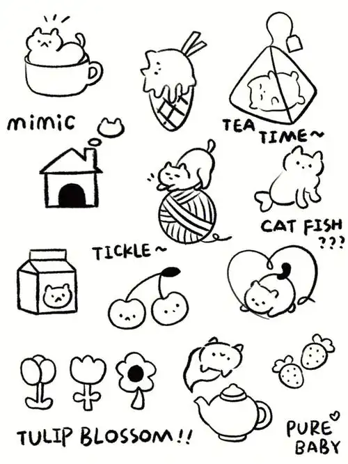 手帐素材黑白铅笔手绘画风猫猫