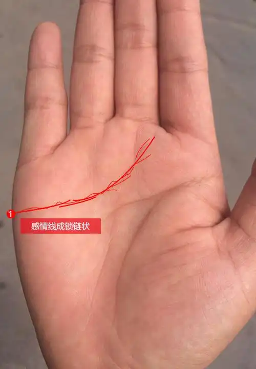 我看了她的手相,跟她说:"您的感情线成锁链状,中间破断分散且纹线深又