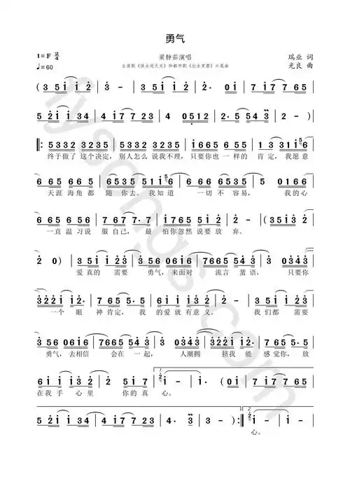 梁静茹【勇气】歌谱简谱高清大图打印下载【风雅颂歌谱网】高质量歌谱