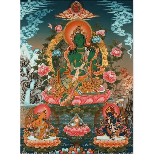 结缘手绘西藏密宗绿度母佛像画像唐卡相片牌佛菩萨挂画像贴墙塑封