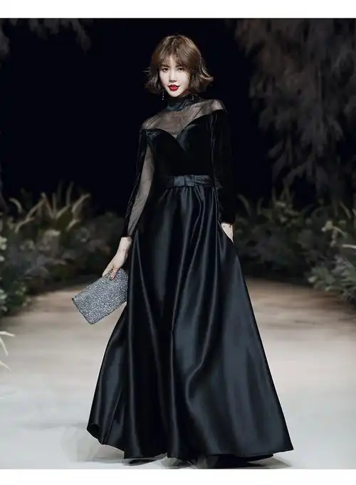 【出席高档宴会活动】2019新款丝绒简单大方晚礼服黑色气质年会主持人