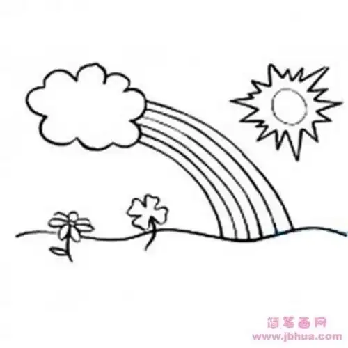 太阳白云彩虹小草房子怎么画简笔画