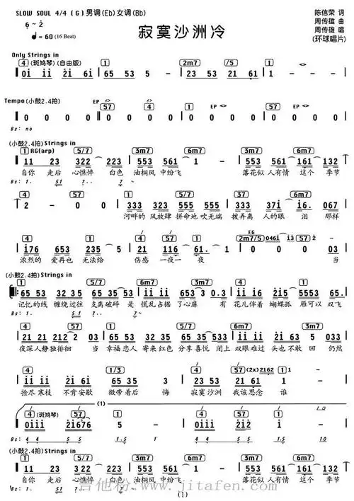 寂寞沙洲冷(编配乐谱) 吉他谱