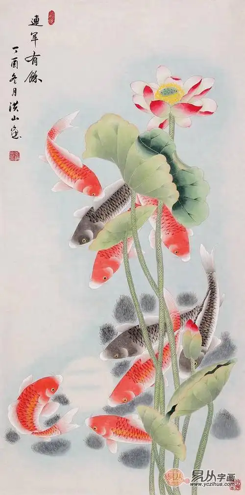 经典玄关挂画欣赏: 荷花九鱼图——旺运聚财,连年有余 鱼于五行属水