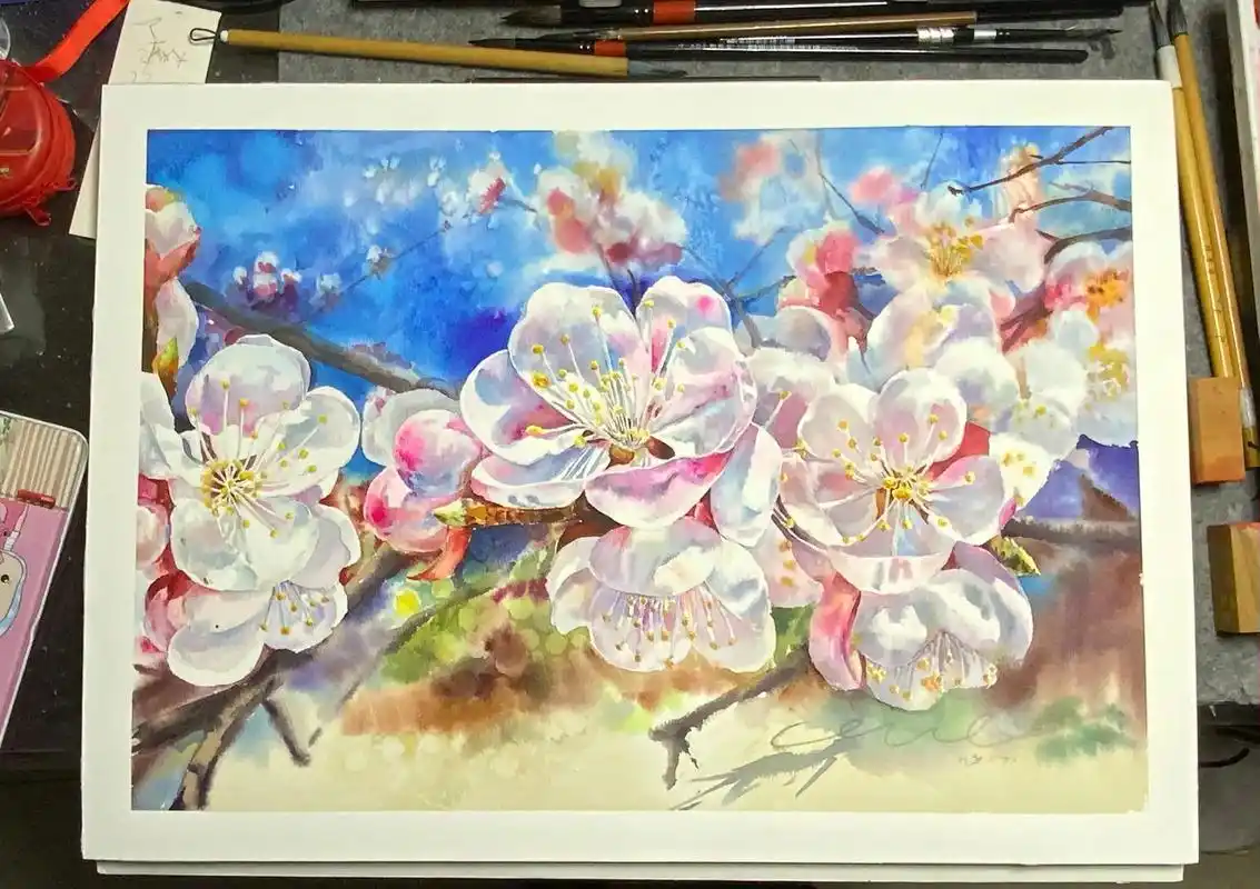 杏花水彩步骤图|磨了一周,终于把四开的画完了,后天就开开心心 - 抖音