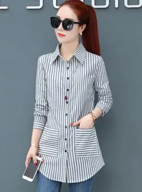chic早秋衬衫2018新款秋装条纹衬衣女长袖中长款宽松韩版上衣纯棉