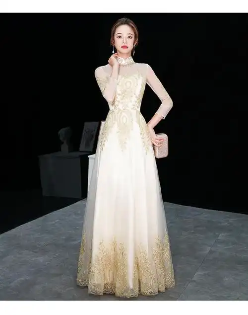 主持人中式晚礼服裙晚礼服女新款秋冬宴会名媛长款演出服年会礼服艺考