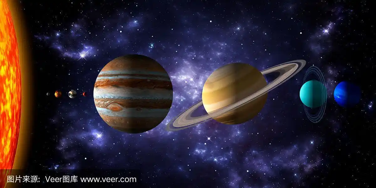 太阳系3d渲染插图与行星和太阳的相对大小.