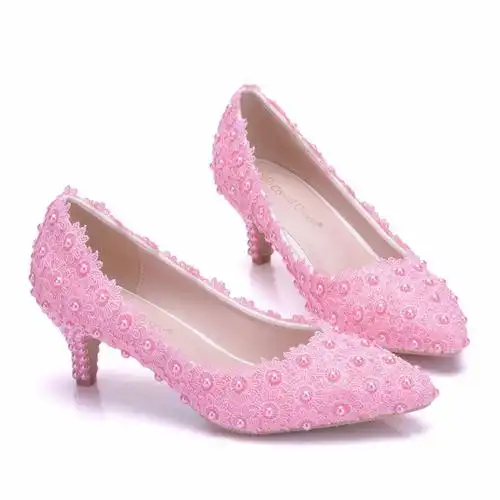 外贸大码5厘米蕾丝高跟鞋细跟中跟婚鞋工作尖头伴娘鞋年会拍照鞋