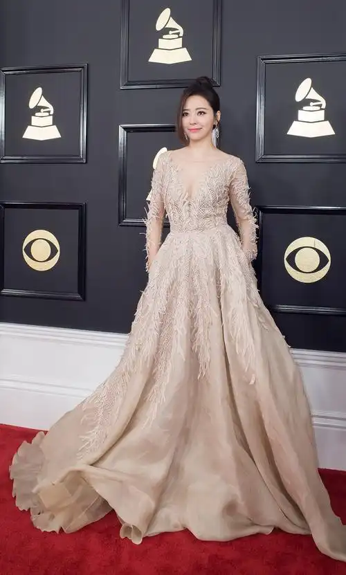 张靓颖获格莱美最佳着装 深v长裙美艳动人