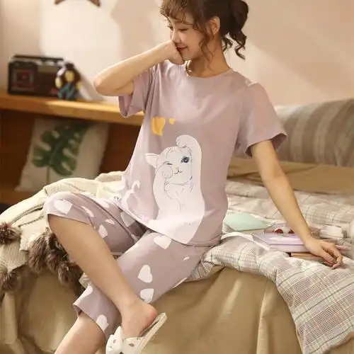 香旎思一族短袖家居服七分在家拉架套头圆领休闲夏季睡衣