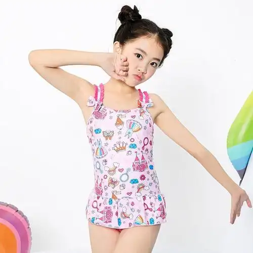 李宁儿童泳衣 女孩游泳衣小女生中大童学生连体三角