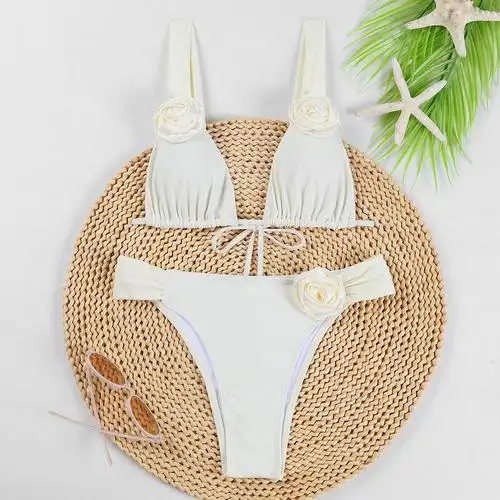 跨境2024欧美外贸新款纯色抽绳系带亚马逊比基尼3d立体花分体泳衣