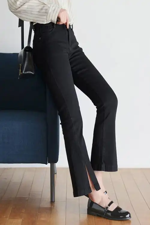 韩国秋装黑色显瘦高弹力中高腰紧身开叉牛仔喇叭裤子九分微喇裤女